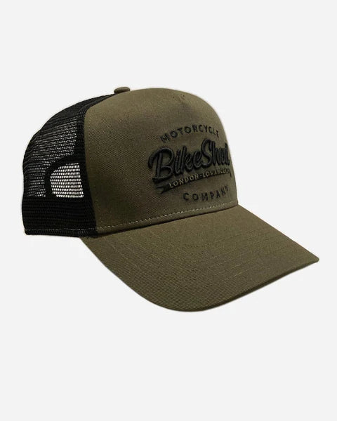 Bike Shed Motorcycle Embroidered Logo Baseball Hat - Khaki Green, side