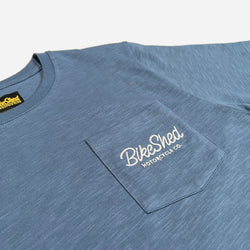 Bike Shed Motorcycle Co. Embroidered Pocket T Shirt - Blue, pocket close up