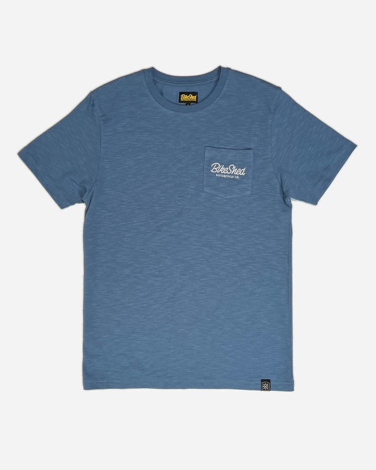 Bike Shed Motorcycle Co. Embroidered Pocket T Shirt - Blue, front