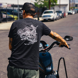 Model pushing his Harley wearing our BSMC Dragon Slayer T Shirt - Black