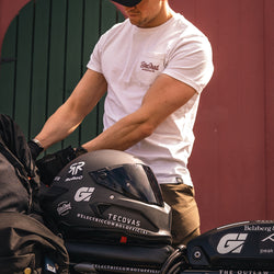 Harry with his Super73 wearing our BSMC Logo Chain embroidered T Shirt - Off White