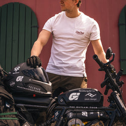 Harry with his Super73 wearing our BSMC Logo Chain embroidered T Shirt - Off White