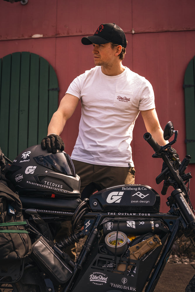 Harry with his Super73 wearing our BSMC Chain T Shirt - Off White