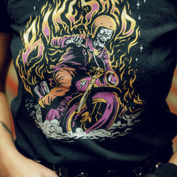 Model wearing our BSMC Women's Speed Demon Graphic T-Shirt - Washed Black, logo close up