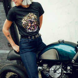Model wearing our BSMC Women's Speed Demon Graphic T-Shirt - Washed Black on a Honda CX500