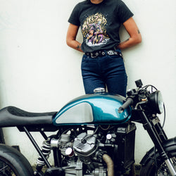 Model wearing our BSMC Women's Speed Demon Graphic T-Shirt - Washed Black