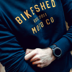 Alen wearing our BSMC Moto Co. logo Sweatshirt - Navy/Mustard, close up
