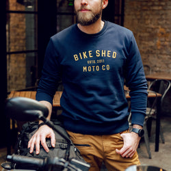 Alen wearing our BSMC Moto Co. logo Sweatshirt  - Navy/Mustard