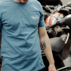 Steve wearing our Bike Shed Motorcycle Co. Embroidered Pocket T Shirt - Blue