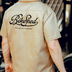 Steve wearing our BSMC Garage Shirt - Tan & Black