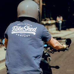 Steve riding while wearing our BSMC Company T-Shirt - Navy