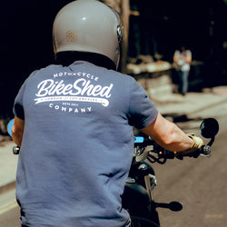 Steve riding while wearing our BSMC Company Logo T-Shirt - Navy