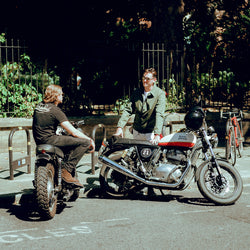 Harry wearing our BSMC Motorcycle Garage T Shirt - Black & Gold while chatting to Joe