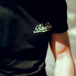 Chest logo close up on our BSMC Motorcycle Garage T Shirt - Black & Gold