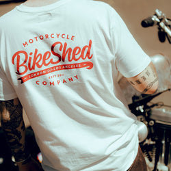 James wearing our Bike Shed Moto Co. Company T-Shirt - Off White