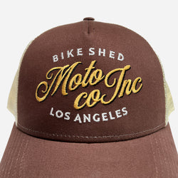 Bike Shed Moto Co Los Angeles Embroidered Baseball Hat  - Brown, logo close up
