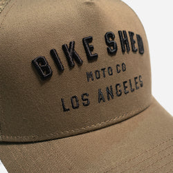 Motorcycle Los Angeles embroidered logo baseball hat - Khaki Green, logo close up