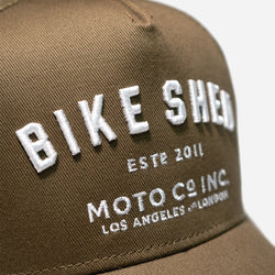 Bike Shed ESTD. Embroidered Baseball Hat - Khaki, logo close up