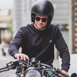 Harry sitting on his bike wearing our BSMC Embroidered Club Waffle - Black