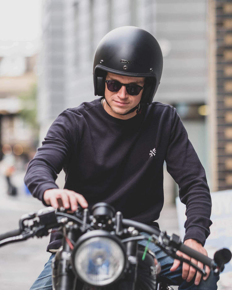 Harry sitting on his bike wearing our BSMC Embroidered Club Waffle - Black