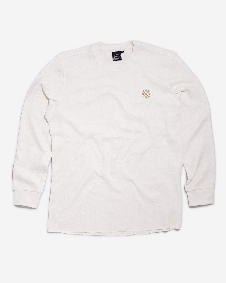 Embroidered Motorcycle Club Waffle Long Sleeve T-Shirt - Ecru, front