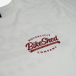 Bike Shed Moto Co. Company T-Shirt - Off White, logo close up