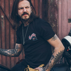 Simon wearing our BSMC Graphic Motorcycle T Shirt - Black