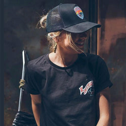 Lori wearing our BSMC Graphic Motorcycle T Shirt - Black & Dead Dakar Doug Cap - Black