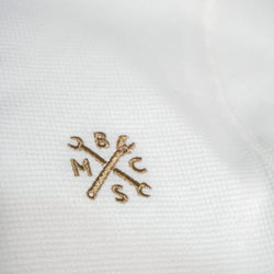 Embroidered Motorcycle Club Waffle Long Sleeve T-Shirt - Ecru, gold logo close up