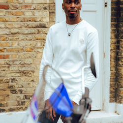 Model wearing our Embroidered Motorcycle Club Waffle Long Sleeve T-Shirt - Ecru