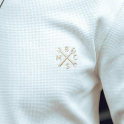 Embroidered Motorcycle Club Waffle Long Sleeve T-Shirt - Ecru, logo close up