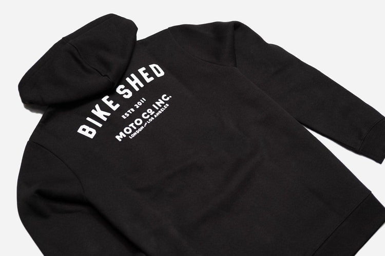 Motorcycle ESTD. Logo Hoodie - Black, back print close up