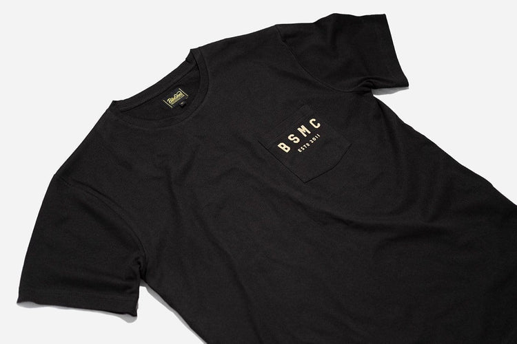 Motorcycle BSMC ESTD. Pocket T Shirt - Black & Gold, front close up
