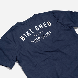 Motorcycle ESTD. Pocket T Shirt - Navy, back logo close up