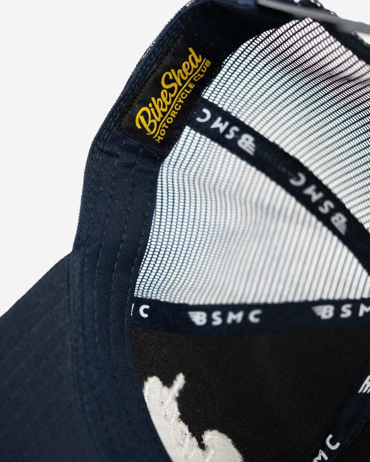 BSMC Motorcycle Garage Baseball Hat - Navy/White, inside