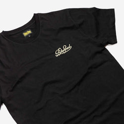 BSMC Motorcycle Garage T Shirt - Black & Gold, side on close up front