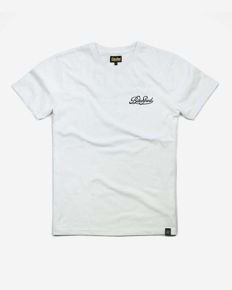 BSMC Motorcycle Garage T Shirt - White & Black, front