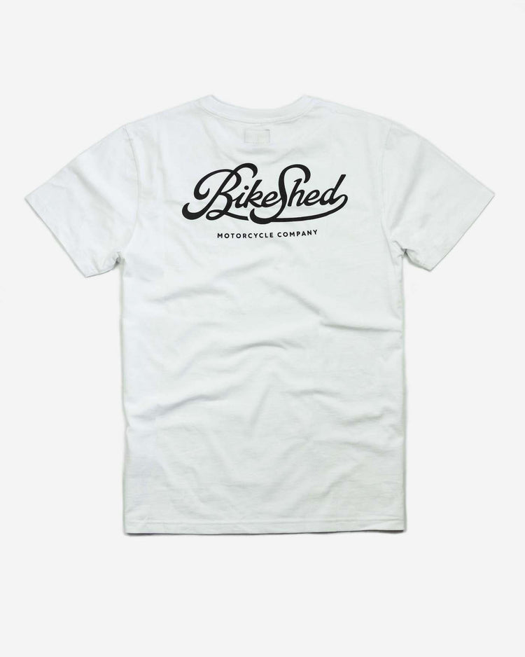 BSMC Motorcycle Garage T Shirt - White & Black, back
