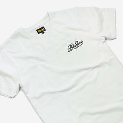 BSMC Motorcycle Garage T Shirt - White & Black, front side on close up