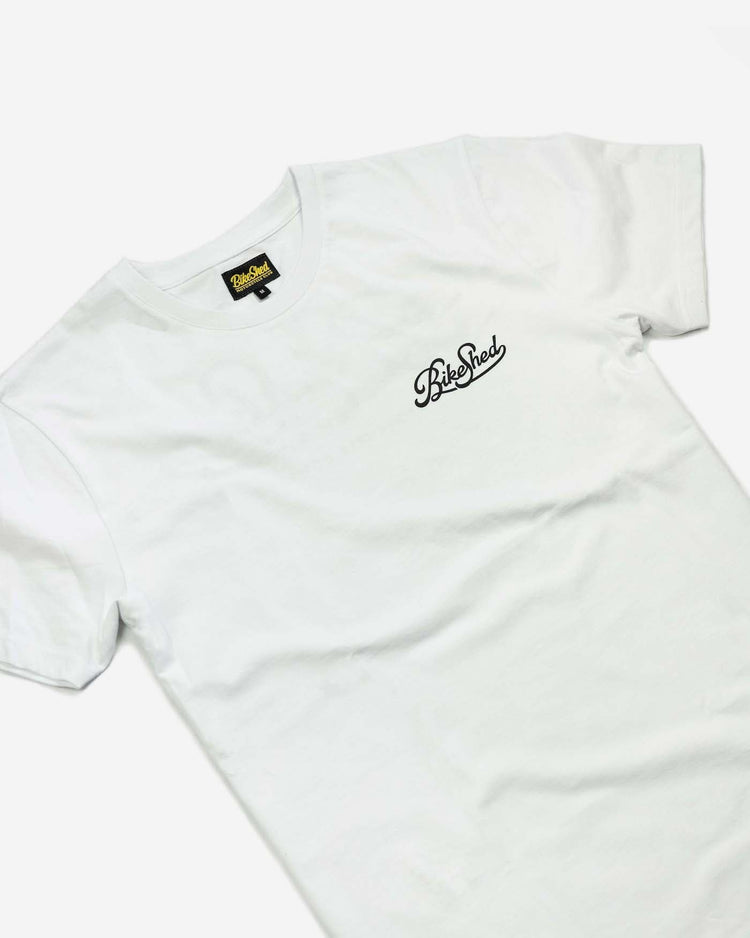 BSMC Motorcycle Garage T Shirt - White & Black, front side on close up