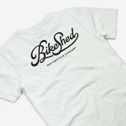 BSMC Motorcycle Garage T Shirt - White & Black, back print close up