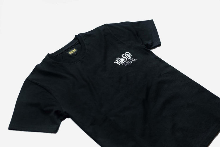 Bike Shed Motorcycle Company Handmade T-Shirt- Black & White, front side on