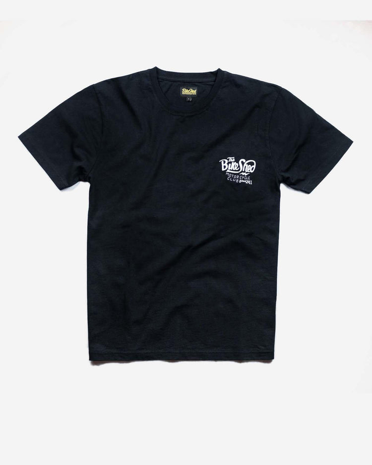 Bike Shed Motorcycle Company Handmade T Shirt - Black & White, front
