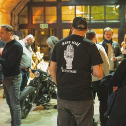 Dan wearing our Bike Shed Motorcycle Company  Handmade T Shirt - Black & White on a members night