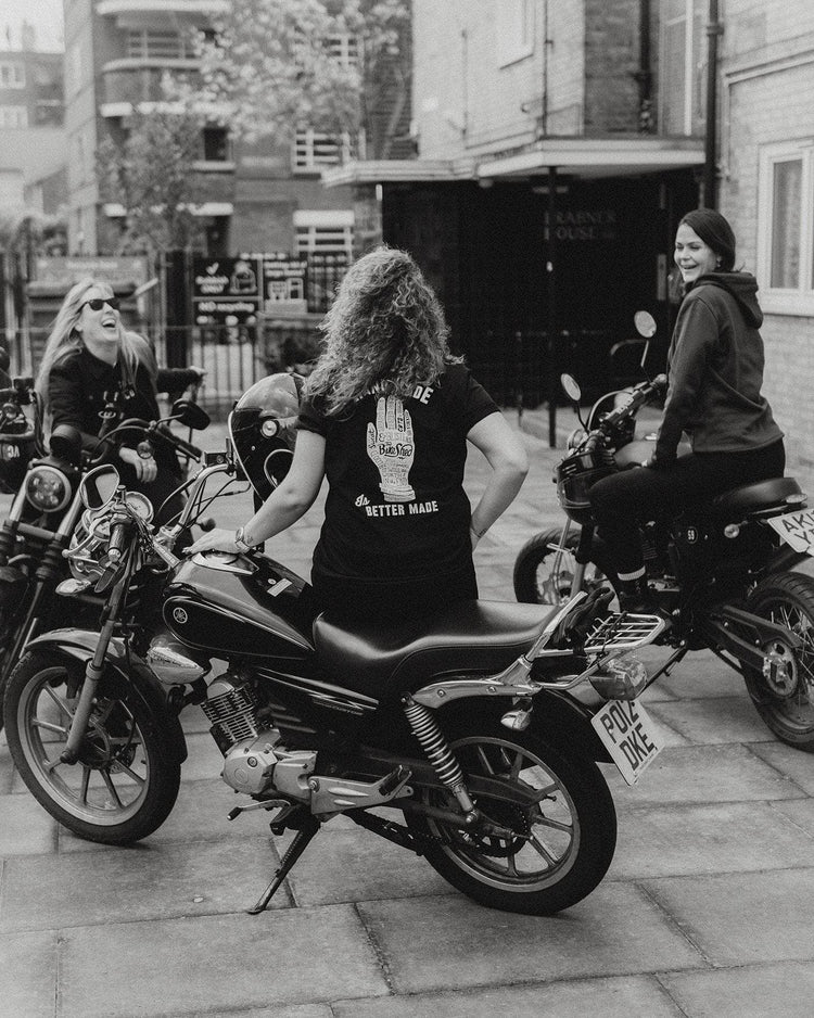 Anna chatting while wearing our Bike Shed Motorcycle Company - Black & White
