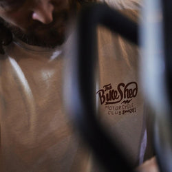 Bike Shed Motorcycle Company Graphic Handmade T Shirt - Cream, chest print close up
