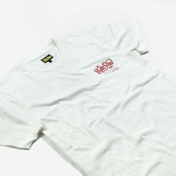 Bike Shed Motorcycle Company Graphic Handmade T Shirt - Cream, front side on