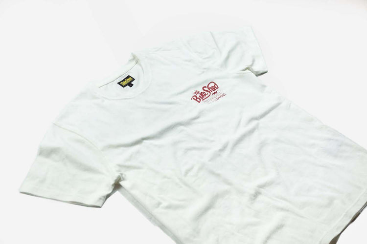 Bike Shed Motorcycle Company Graphic Handmade T Shirt - Cream, front side on