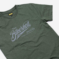 BSMC Inc. Motorcycle logo T-Shirt - Heather Green, side on close up