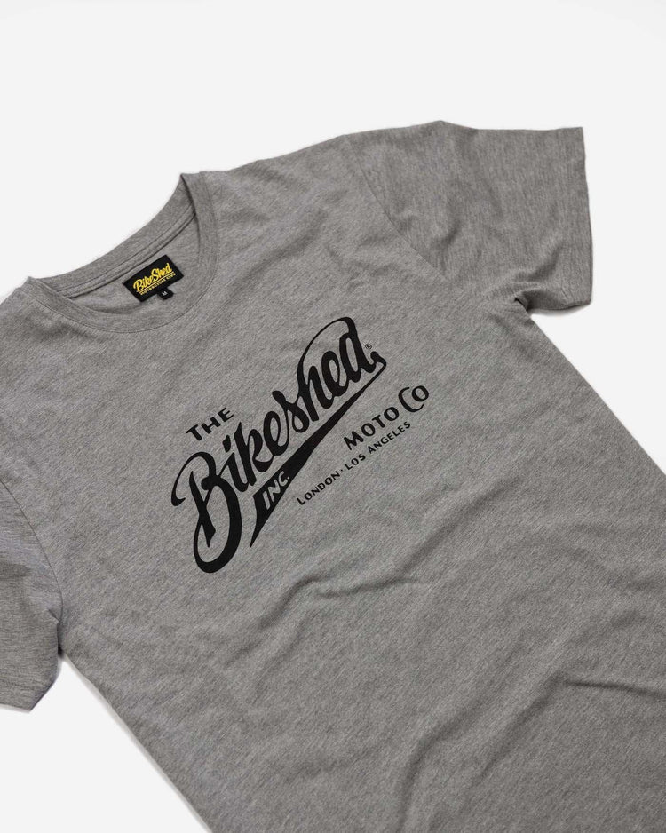 BSMC Inc. Motorcycle logo T-Shirt - Heather Grey, side on close up